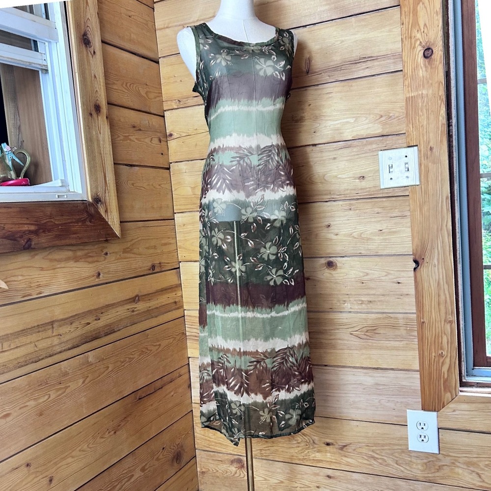 Vintage Sheer Mesh Overlay Duster Women Large Green Earthy Floral Boho Handmade